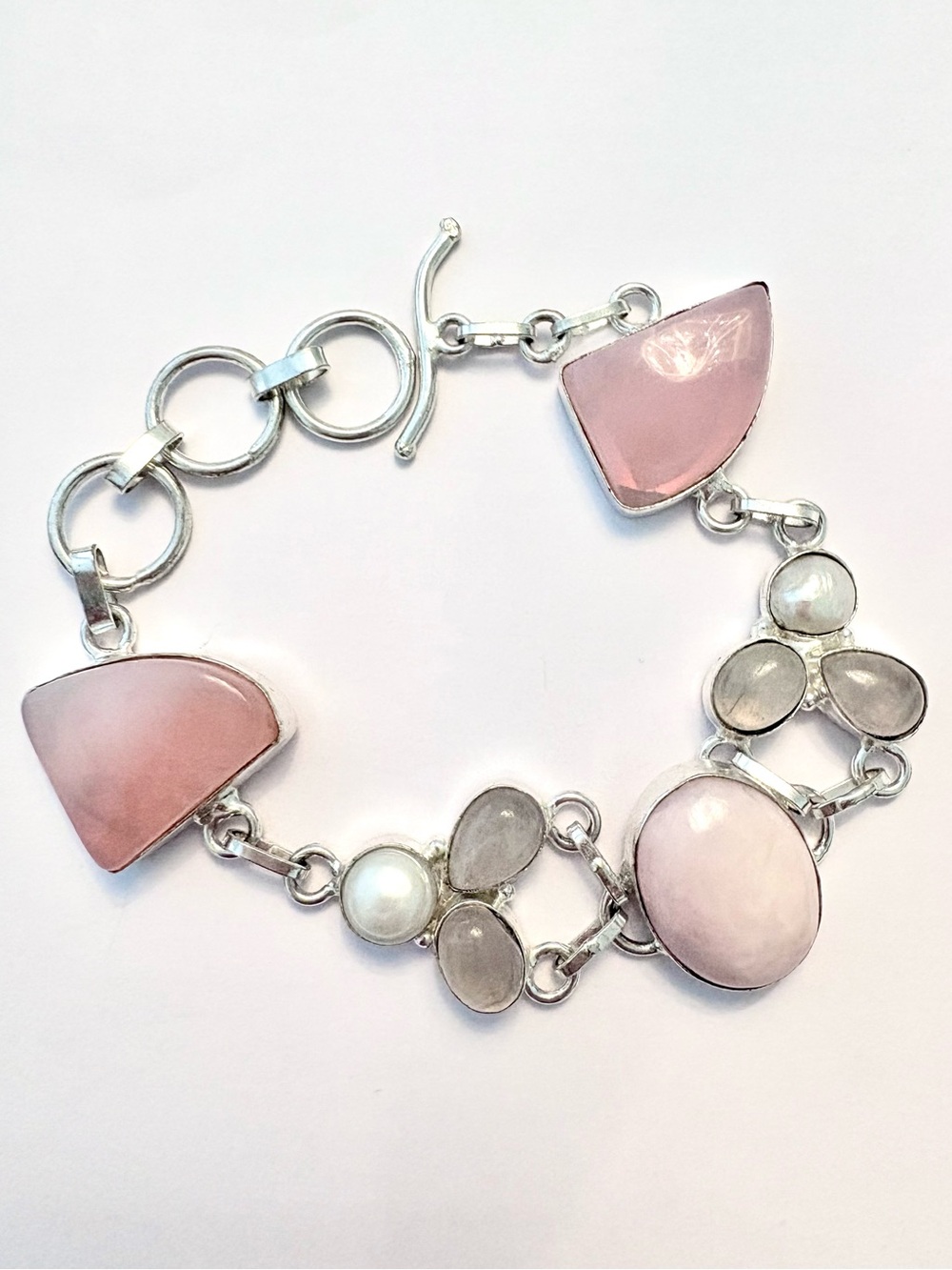 Beautiful, Pink Opal, Rose Quartz, and Pearl bracelet, size 7 1/2–8–9